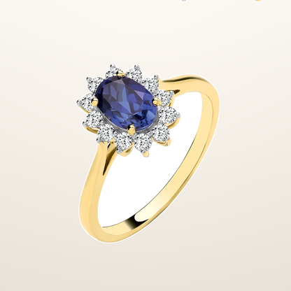 IT_ROLE:studio_clean | 9ct Yellow Gold LAB GROWN 0.30ct Solitaire Diamond & 1.10ct Oval Sapphire Ring IGI Certified