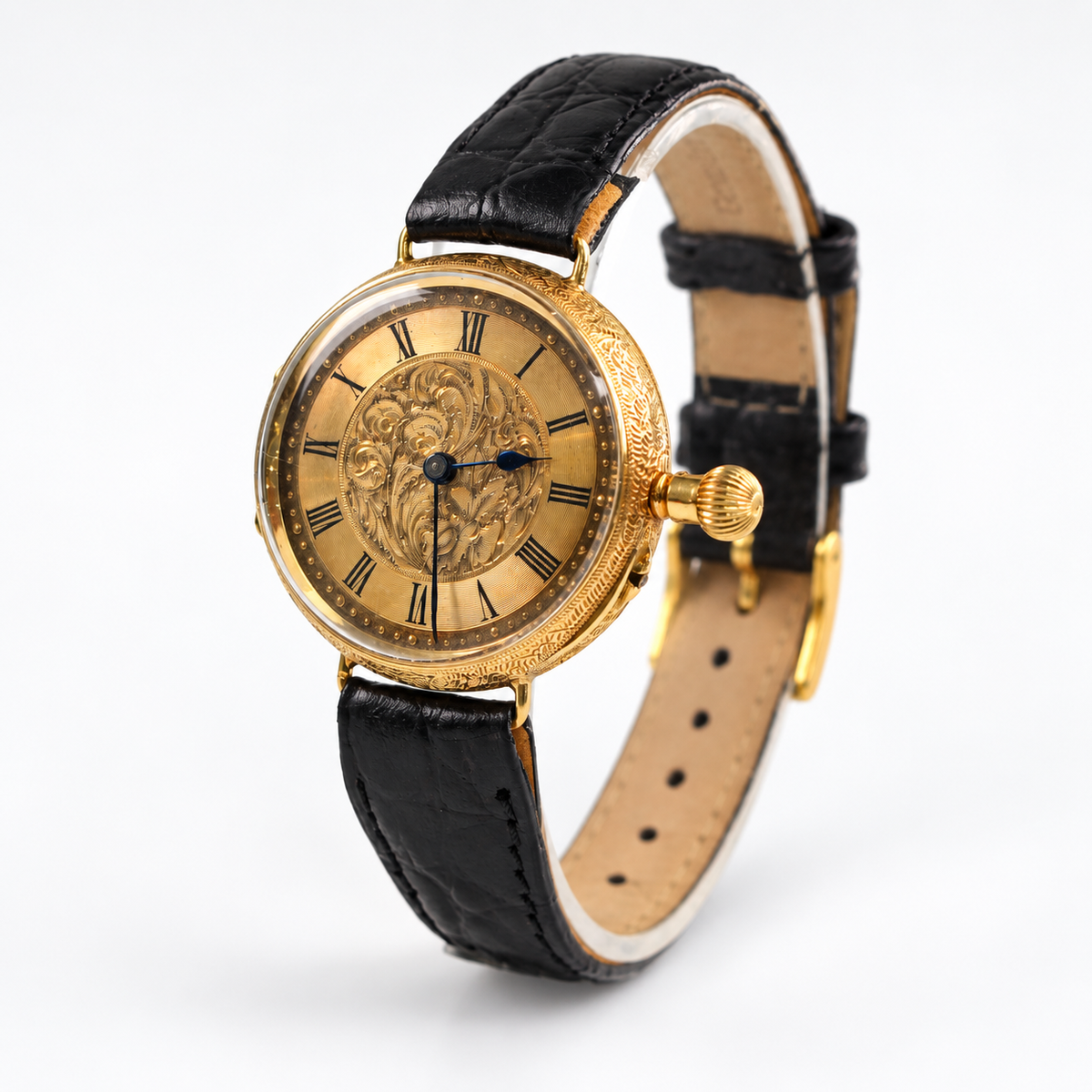 IWC vintage 18K yellow gold watch with black leather strap angled studio view