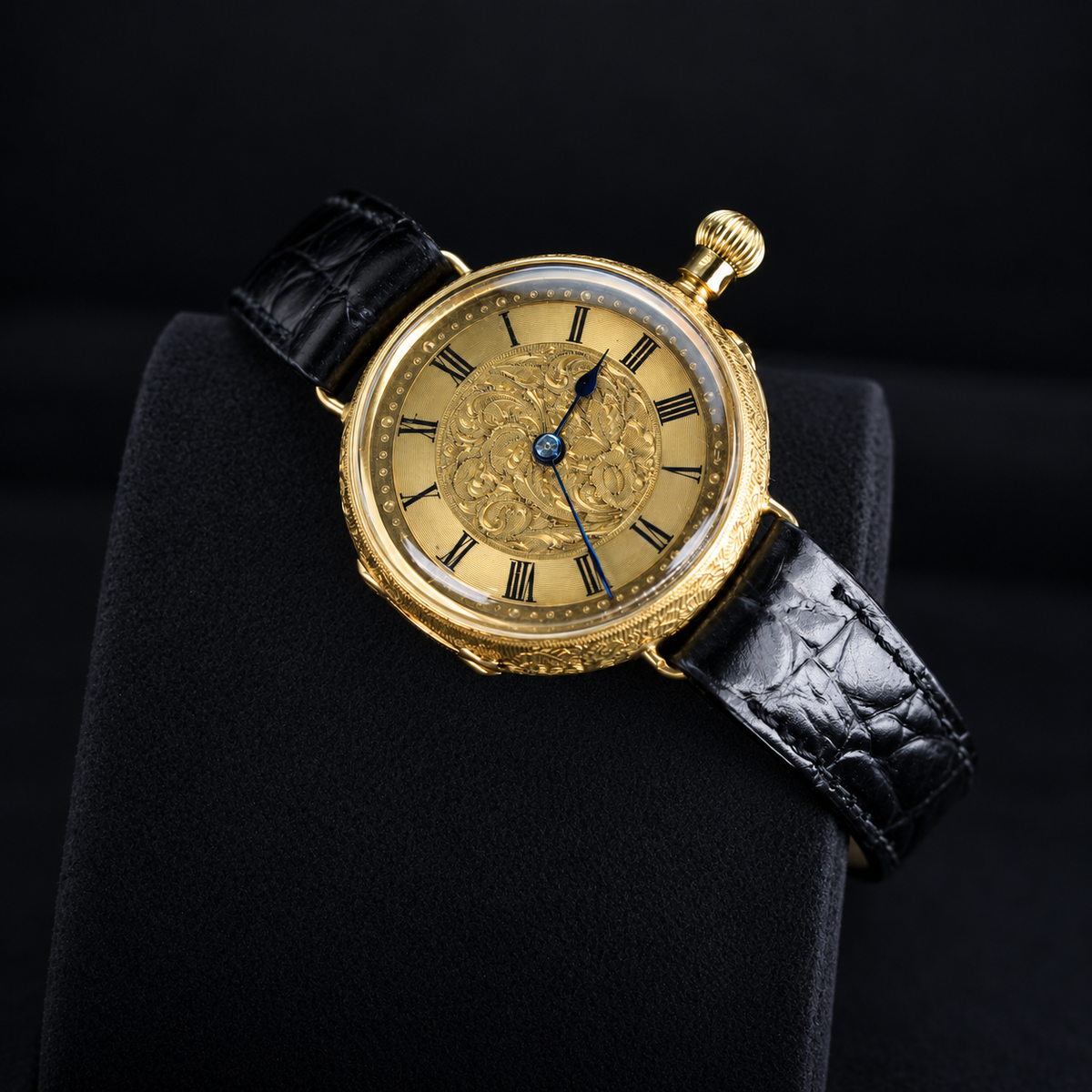 IWC vintage 18K yellow gold Roman dial watch three-quarter close-up