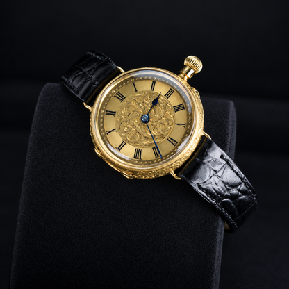 IWC vintage 18K yellow gold Roman dial watch three-quarter close-up