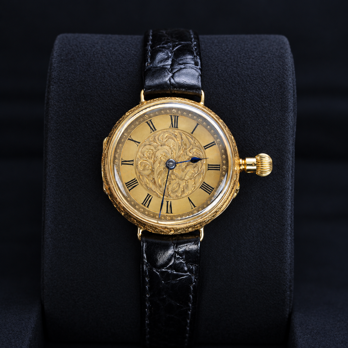 IWC vintage 18K yellow gold Roman dial watch upright front view