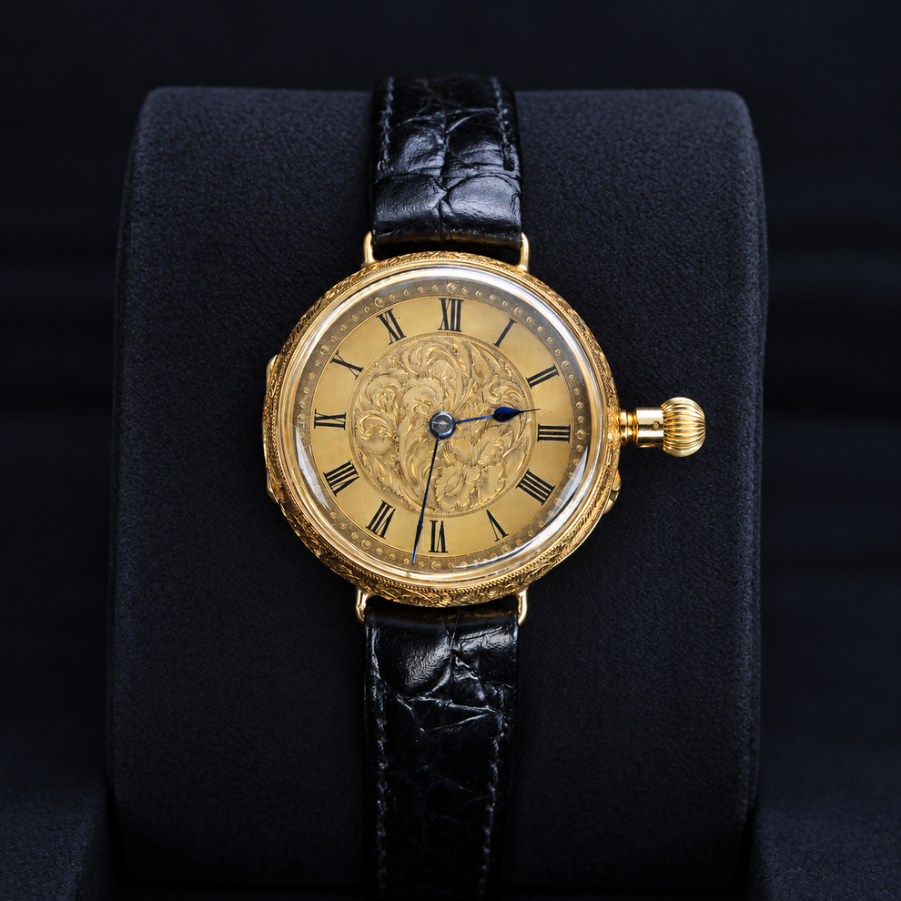 IWC vintage 18K yellow gold Roman dial watch upright front view
