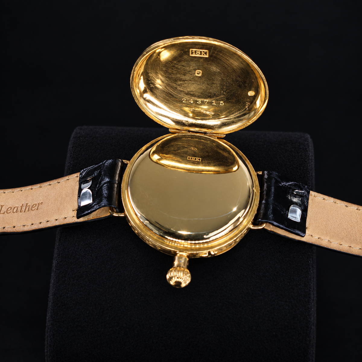 IWC vintage 18K yellow gold hinged caseback showing 18K stamp and case number 243715