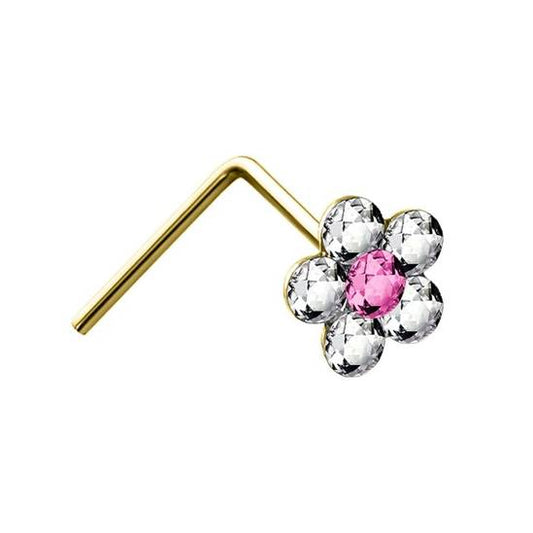 9ct Gold Pink and White Crystal Daisy Flower Nose Stud 4mm - JNS061