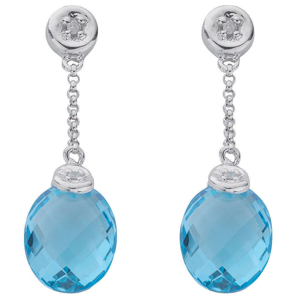 9ct White Gold 0.04ct Diamond & 6.93ct Blue Topaz Drop Earrings