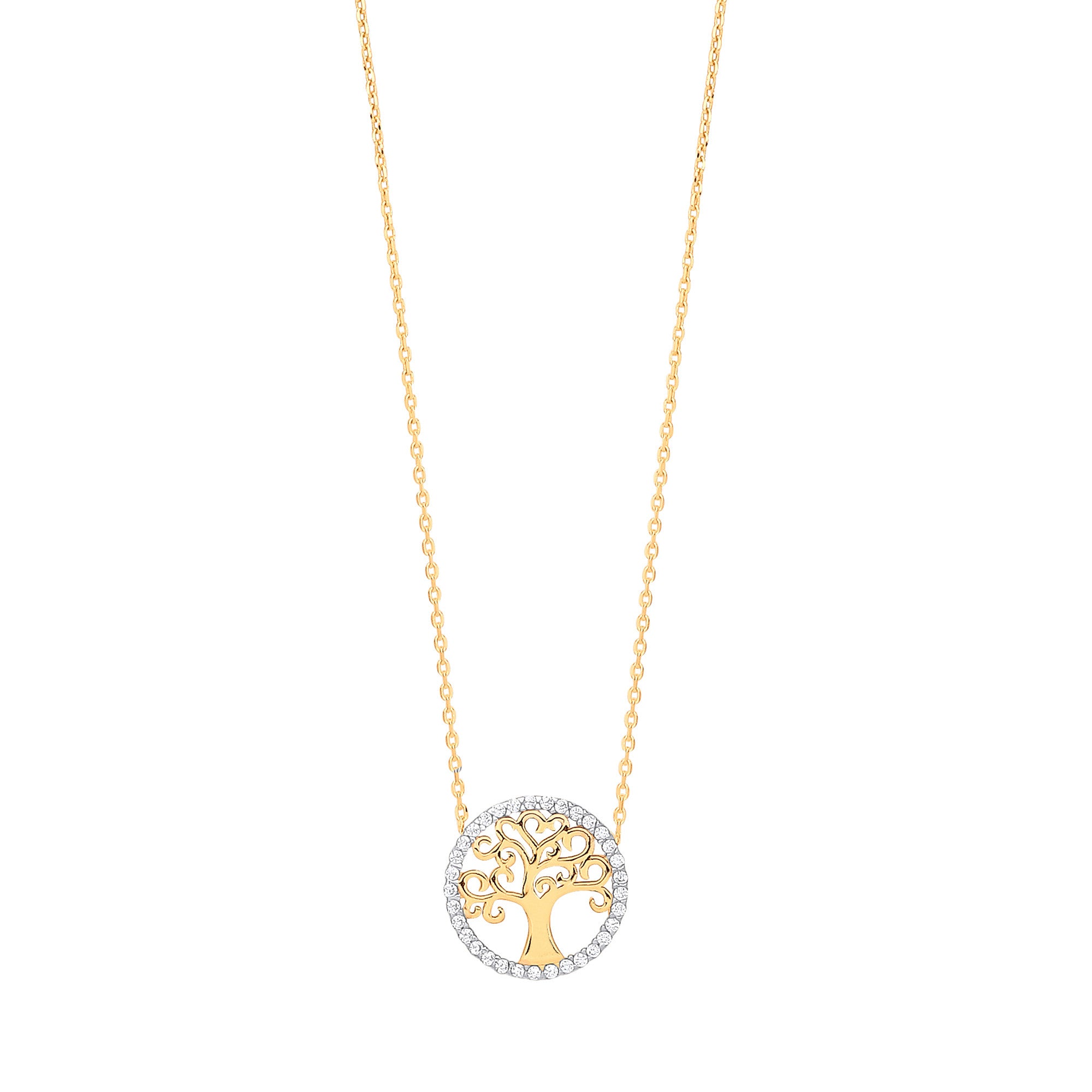 Yellow Gold Tree of Life Cubic Zirconia, 18" Necklace