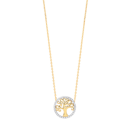 Yellow Gold Tree of Life Cubic Zirconia, 18" Necklace