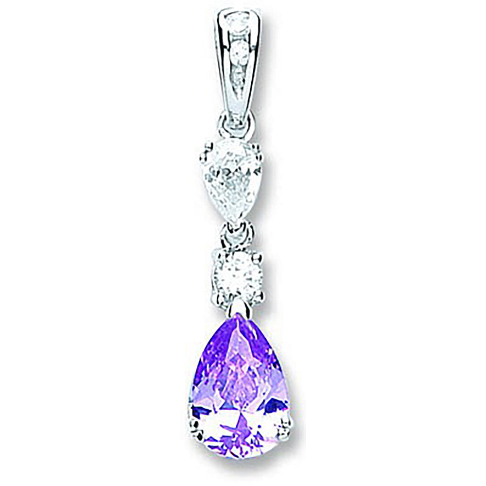 Silver Purple & Clear Pear Shaped Cubic Zirconia Drop Pendant – product view