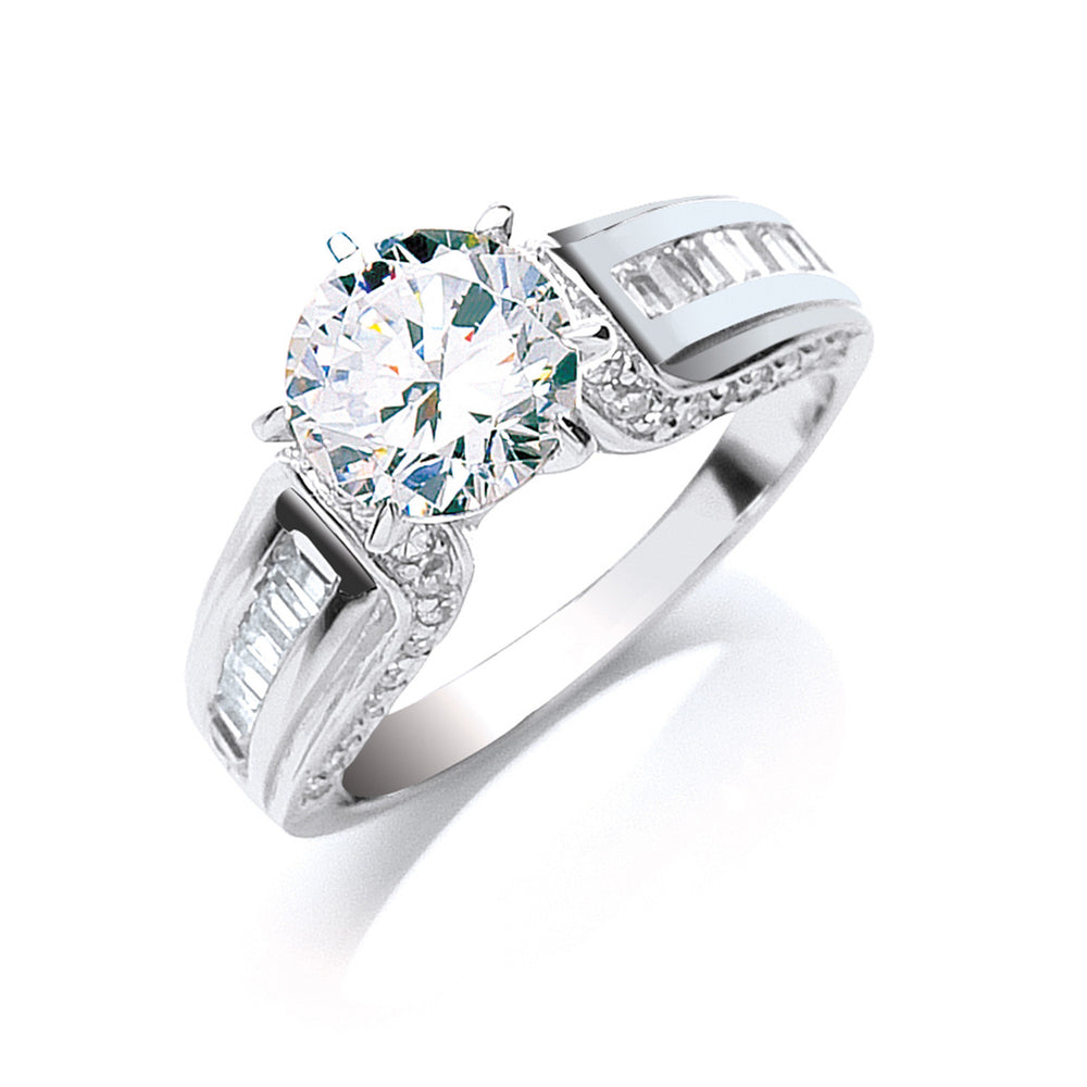 Silver Claw Set Cubic Zirconia Solitaire Baguette SidesRing
