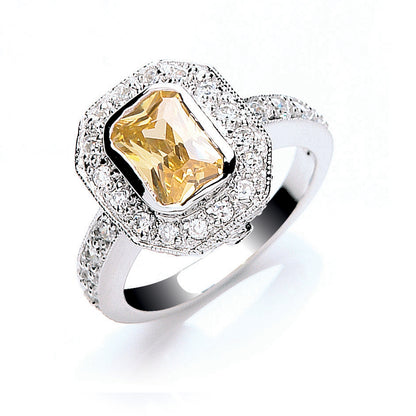 Silver Emerald Cut Yellow & White Cubic Zirconia Cluster Ring