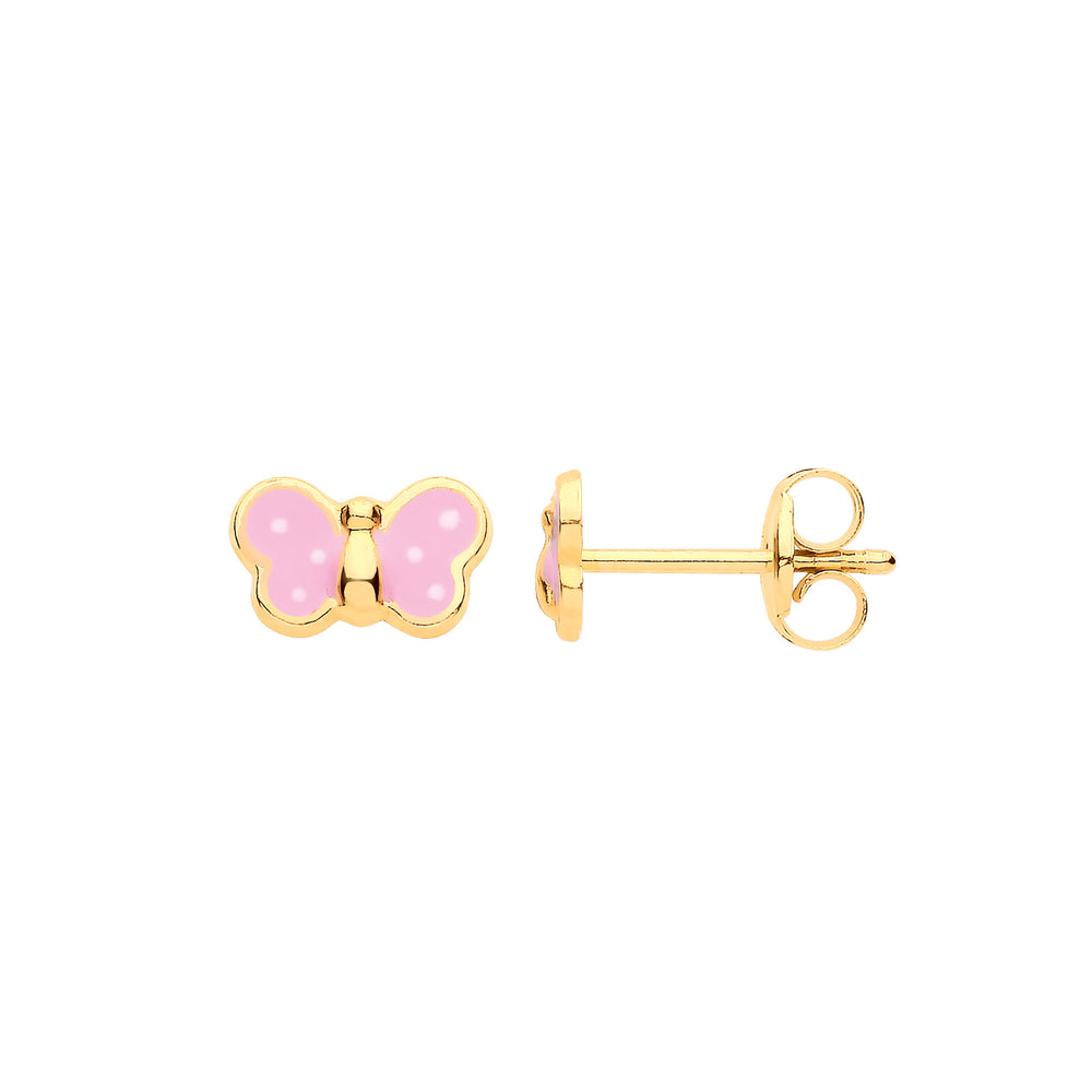 9ct Yellow Gold Enamelled Pink Butterfly Studs