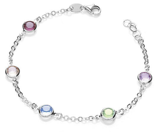 Silver 5 Multi Coloured Rubover Cubic Zirconia's 7"/19cm Bracelet