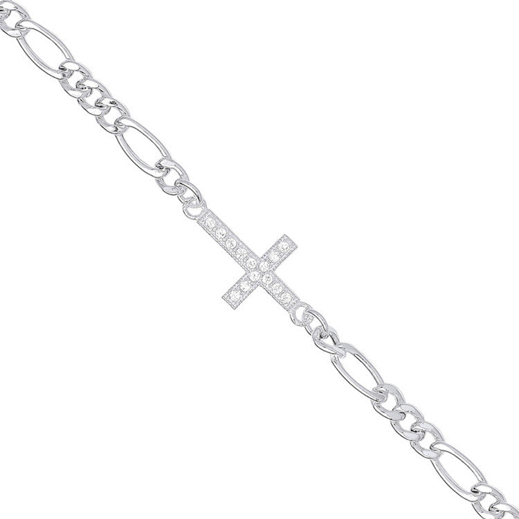 Silver Figaro Chain with Cubic Zirconia Cross Bracelet