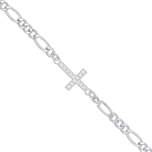 Silver Figaro Chain with Cubic Zirconia Cross Bracelet