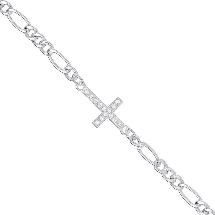 Silver Figaro Chain with Cubic Zirconia Cross Bracelet
