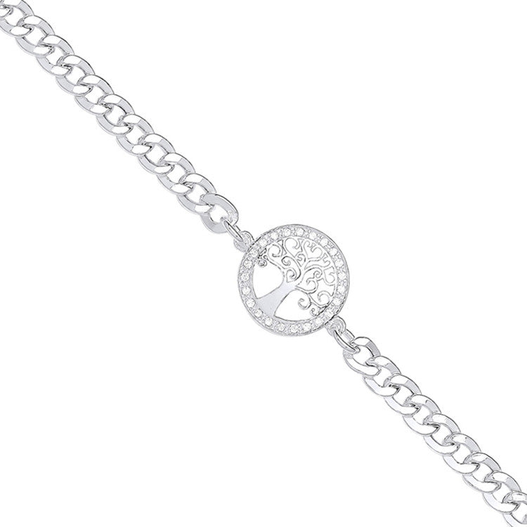 Silver Flat Curb Chain , Cubic Zirconia Tree of Life Bracelet