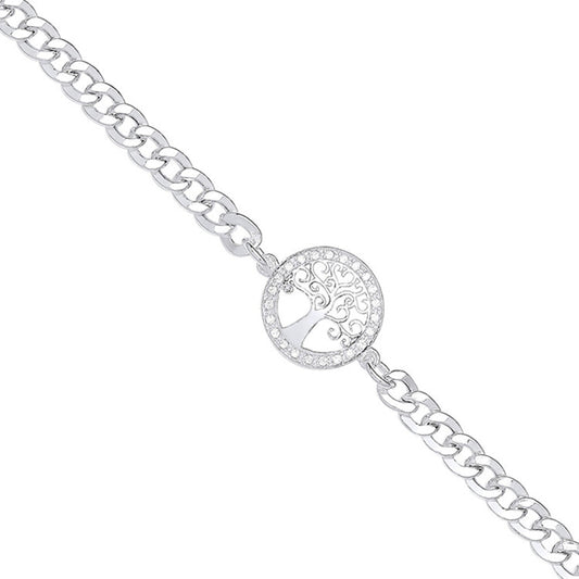 Silver Flat Curb Chain , Cubic Zirconia Tree of Life Bracelet