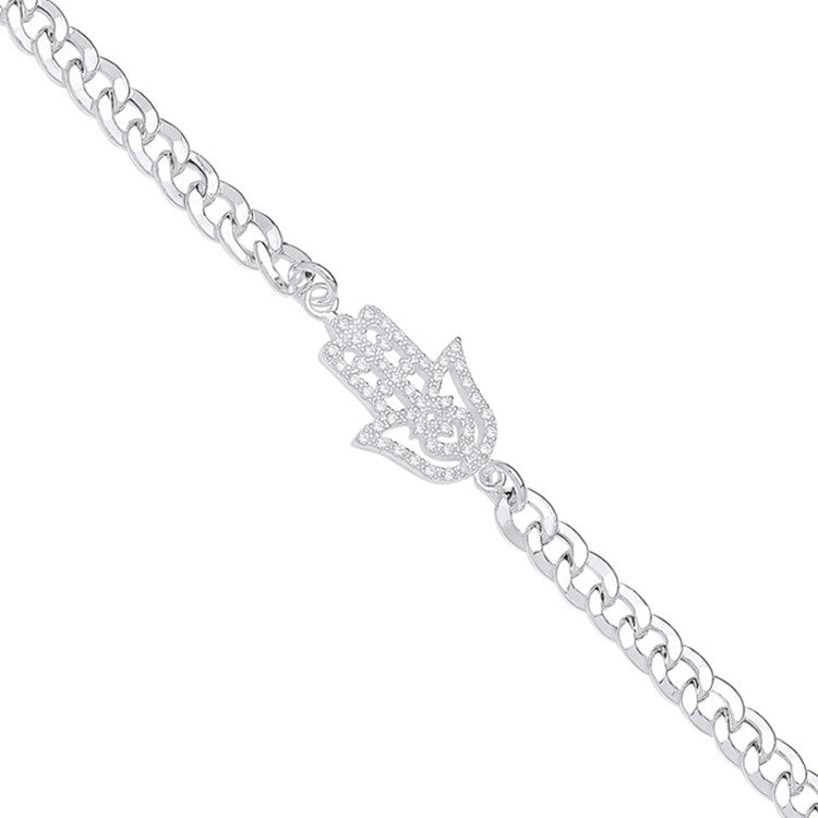 Silver Flat Curb Chain with Cubic Zirconia Hamsa Bracelet