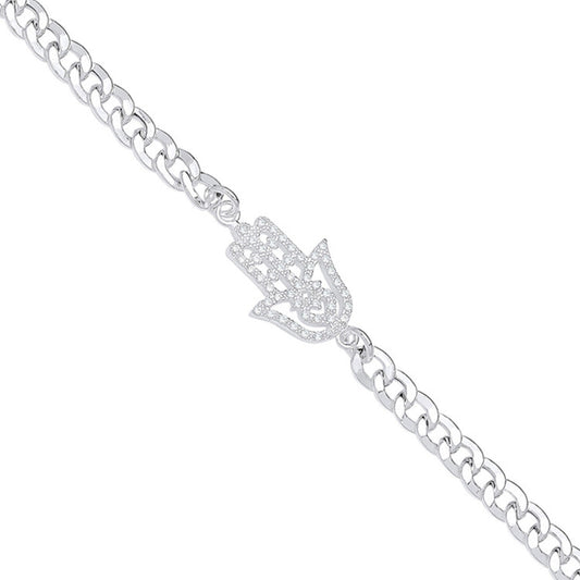 Silver Flat Curb Chain with Cubic Zirconia Hamsa Bracelet