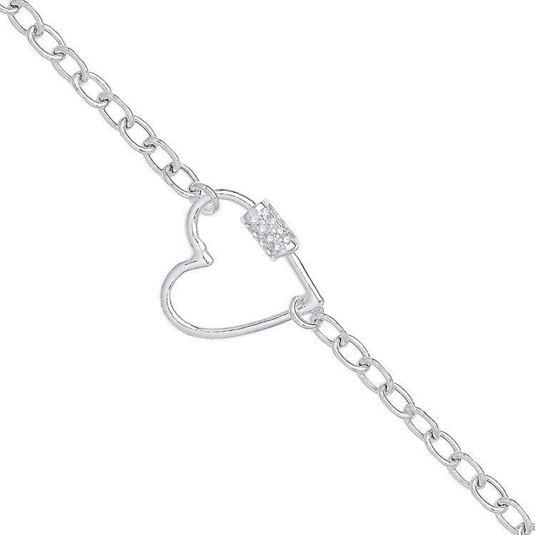 Silver Oval Link Chain , Heart Cubic Zirconia Charm Bracelet