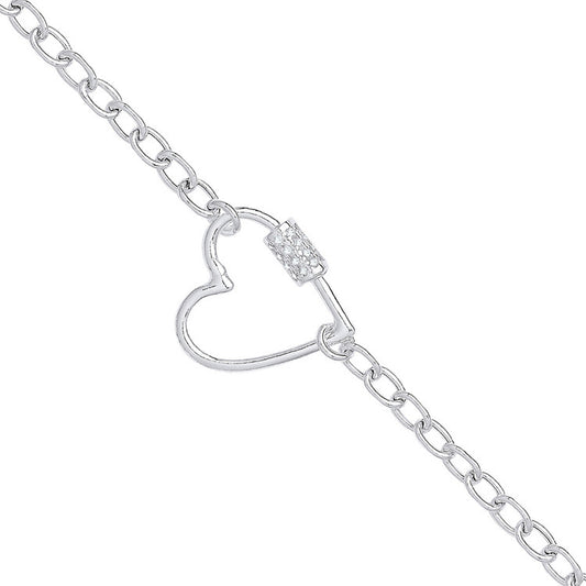 Silver Oval Link Chain , Heart Cubic Zirconia Charm Bracelet