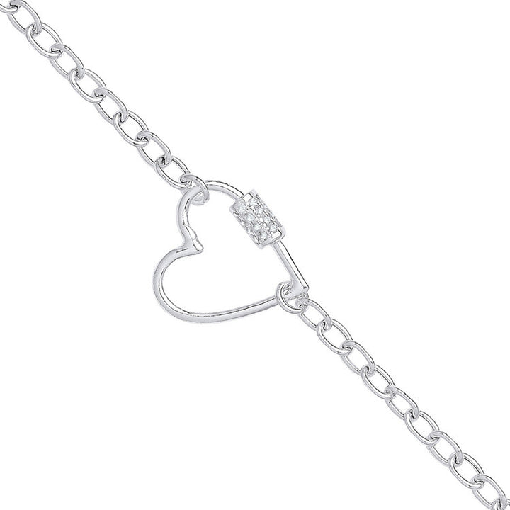 Silver Oval Link Chain , Heart Cubic Zirconia Charm Bracelet
