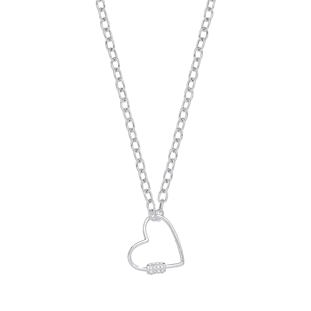 Silver Oval Link Chain , Heart Cubic Zirconia Charm Necklace – product view