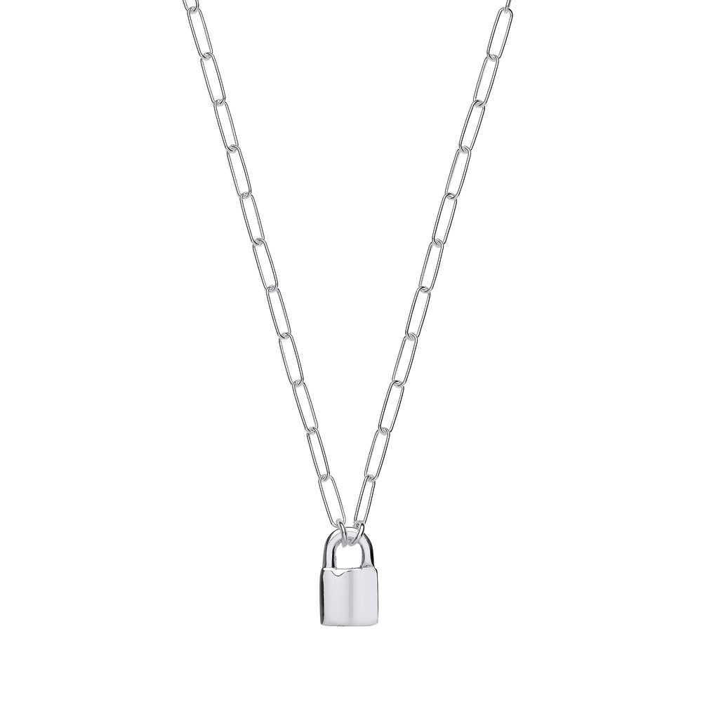 Silver Paper Clip Chain , Padlock Necklace – product view