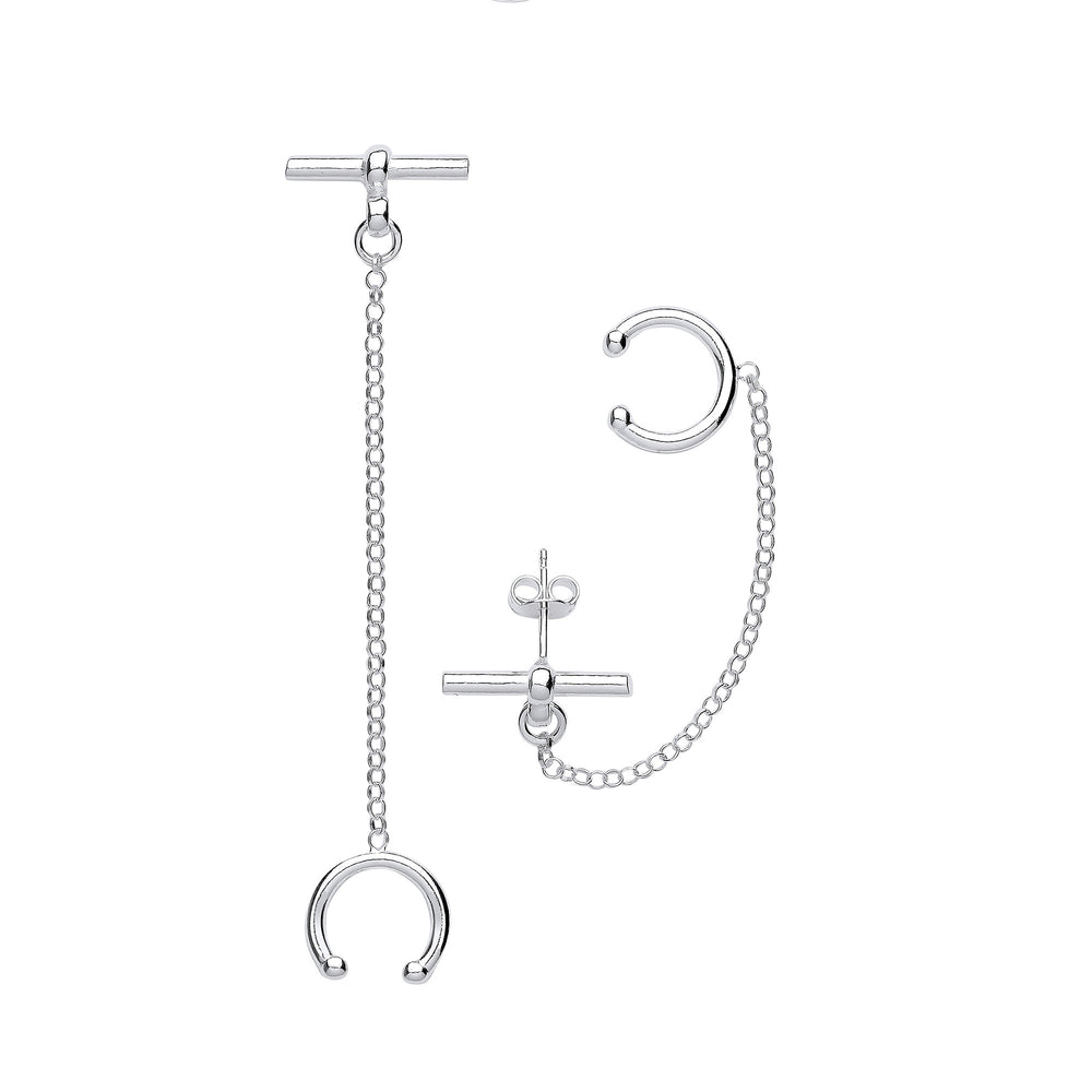 Silver T-Bar with chain Ear Cuff Earrings