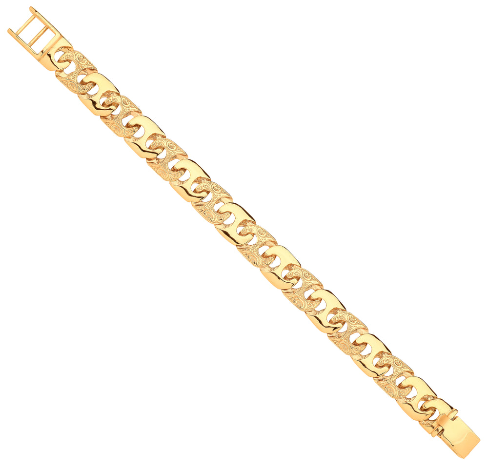 Yellow Gold 14mm Plain & Engraved Anchor Medium Link Gents Bracelet