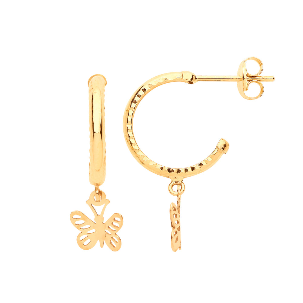 9ct Yellow Gold D/C Hoop Studs with Butterfly Drop – product view