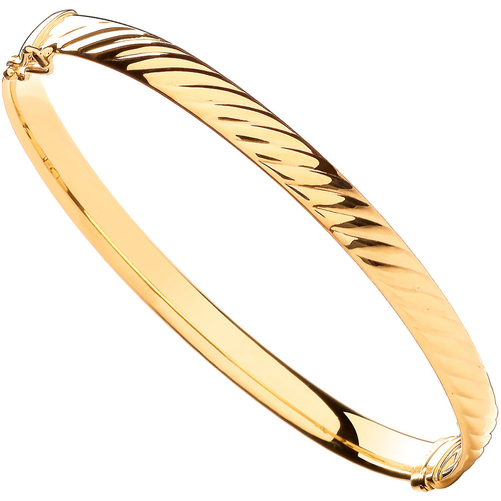 Yellow Gold Ribbed Design Hollow Oval Bangle – product view