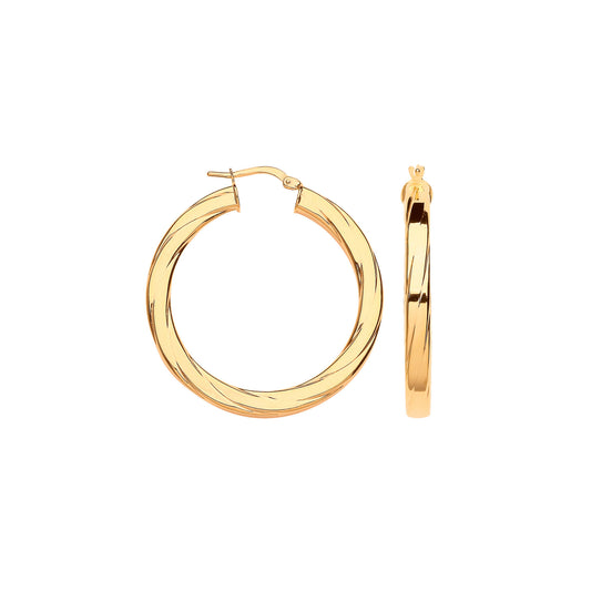 Yellow Gold 38mm Square Tube Ribbed Hoop Earrings