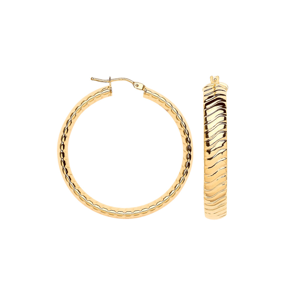 Yellow Gold 36mm Wavy Ribbed Hoop Earrings