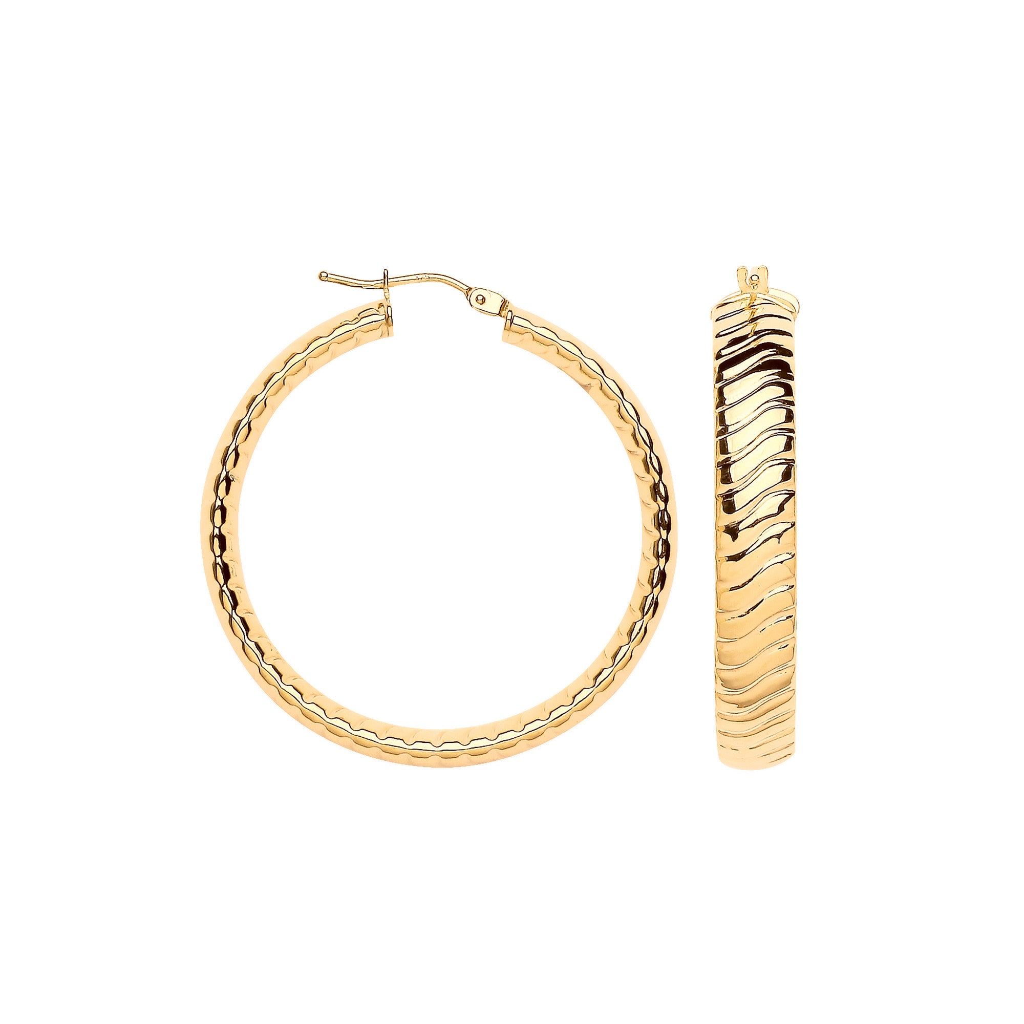 Yellow Gold 36mm Wavy Ribbed Hoop Earrings