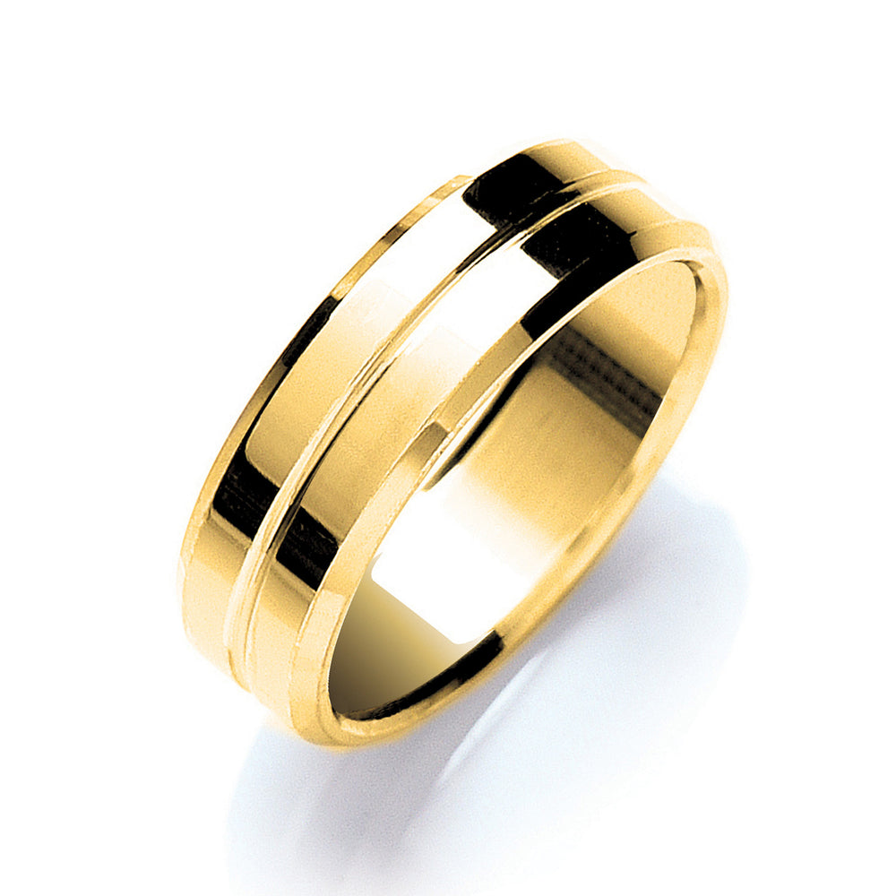 7mm Flat Court Bevelled Edge Centre Groove Polish Wedding Band