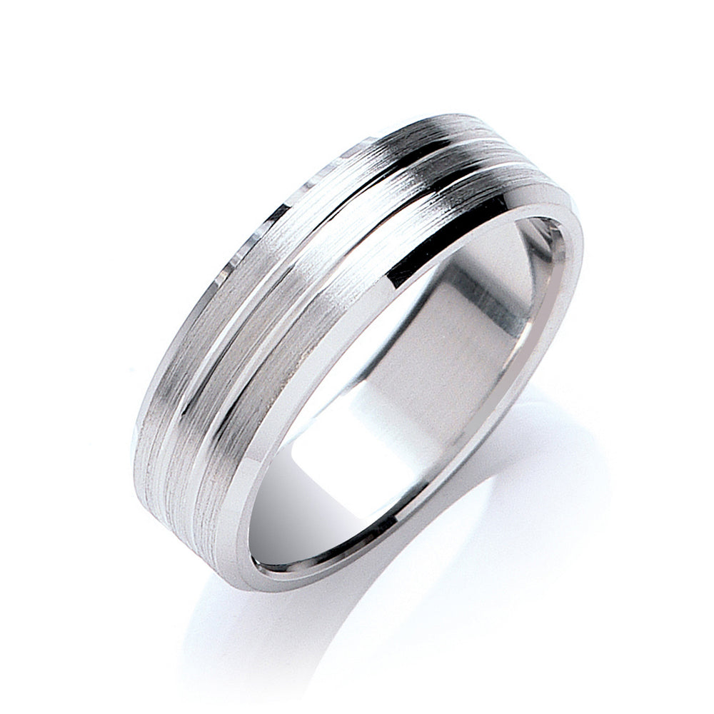 7mm Flat Court Bevelled Edge Matt & Grooves Wedding Band