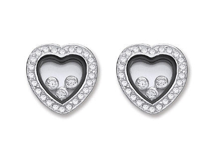 Silver Floating Cubic Zirconia Heart Stud Earrings