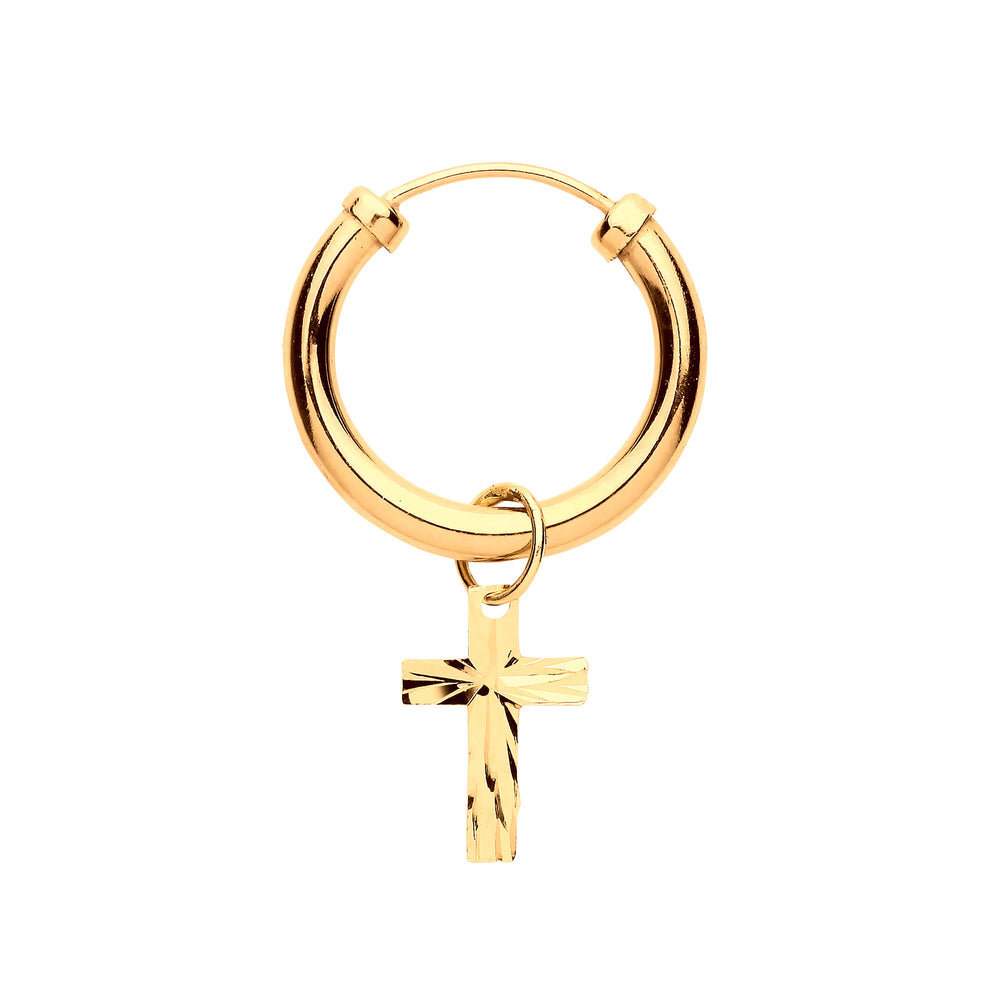 Yellow Gold Sleeper with Cross Charm Men's Single Earring