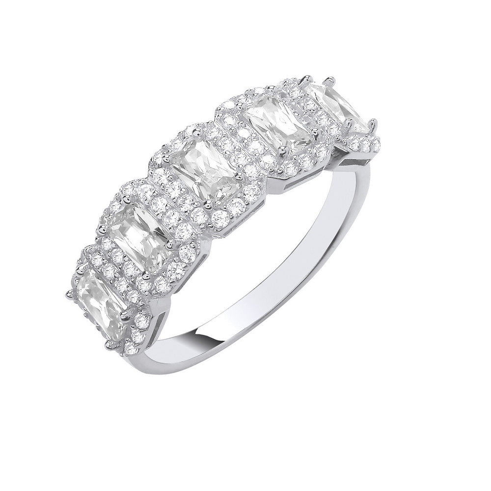 Silver 5 Emerald Cut Cubic Zirconias Halo Ring