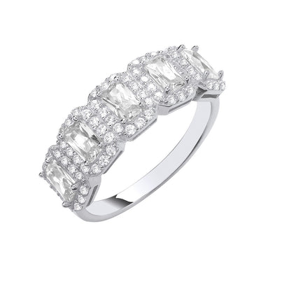 Silver 5 Emerald Cut Cubic Zirconias Halo Ring