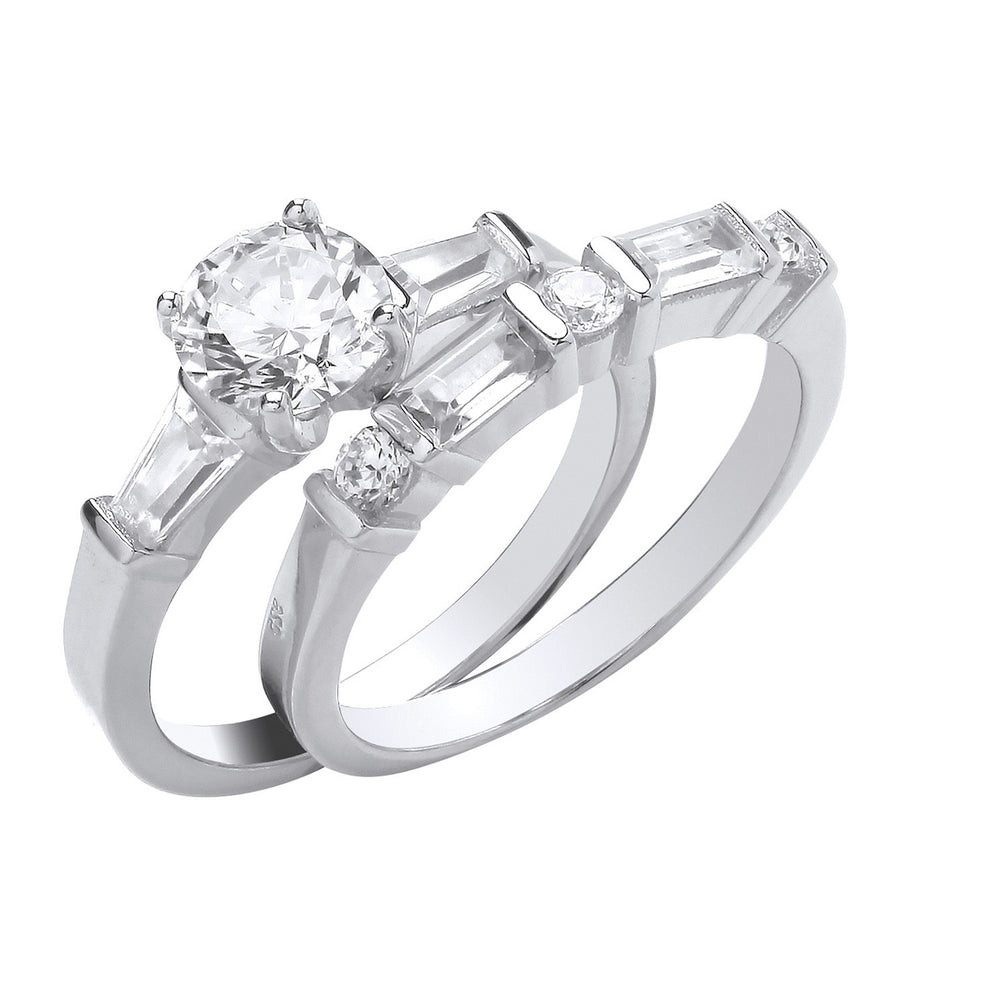 Silver Round and Baguette Cubic Zirconia Bridal Set Rings