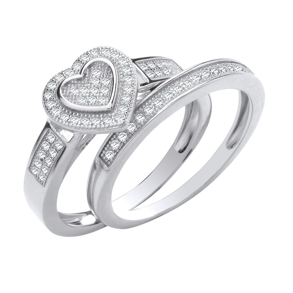 Silver Heart Bridal Set Cubic Zirconia Rings