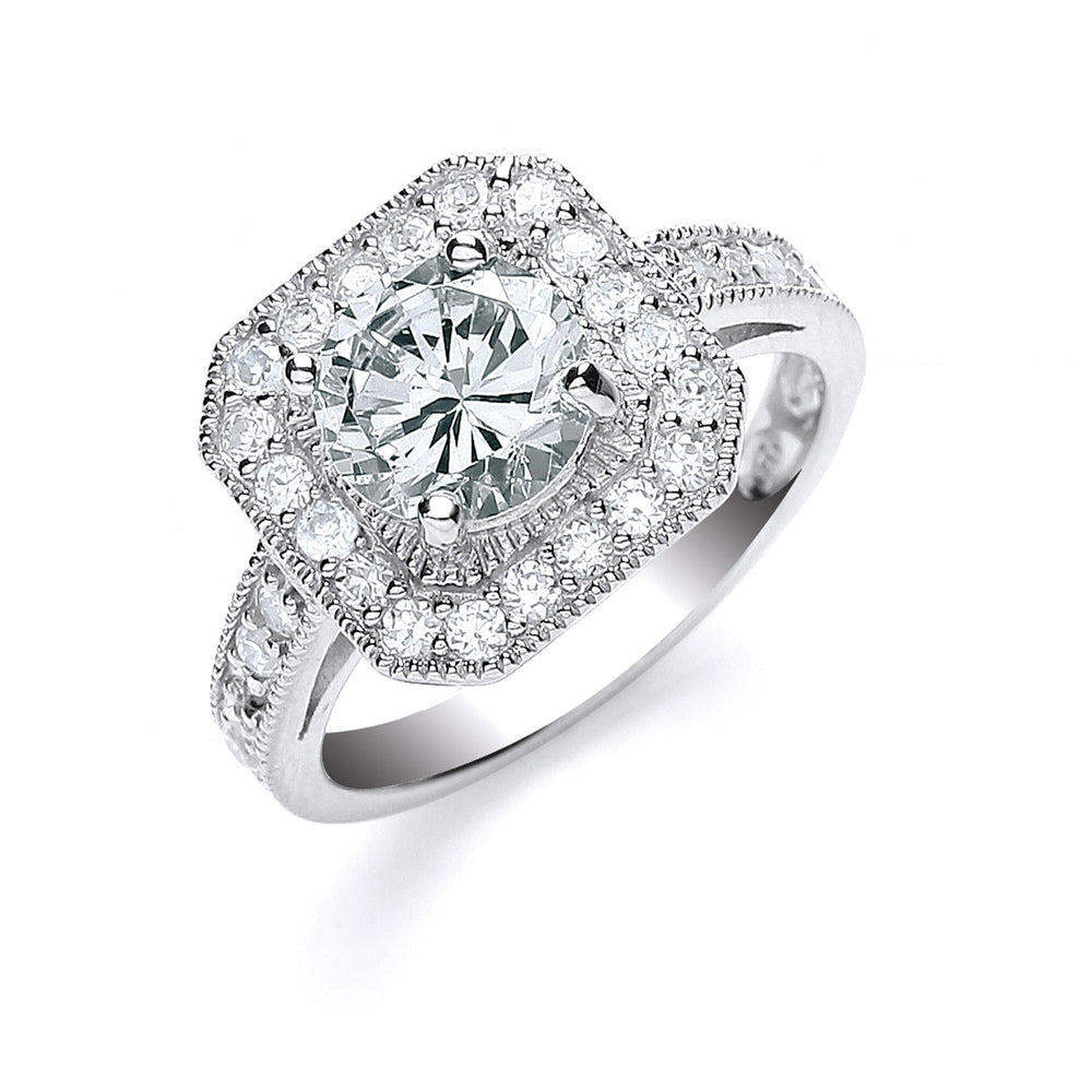 Silver Round Cut with Cubic Zirconia Surrounding & Shoulders Ring