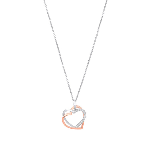 Silver Rose Gold Plated Cubic Zirconia Hearts Charm Necklace