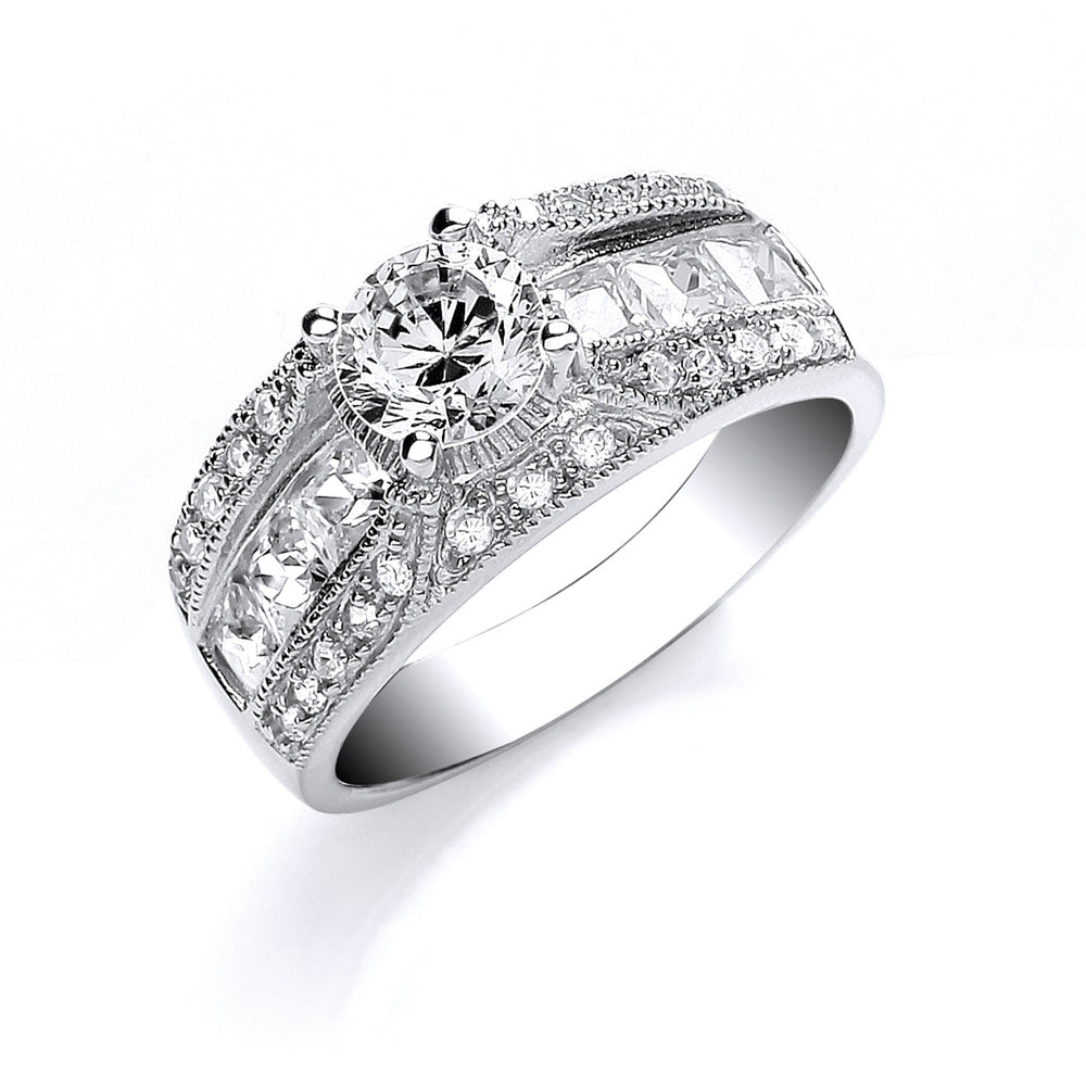 Silver Rd S/S with Princess & Rd Cubic Zirconia on Shld Ring