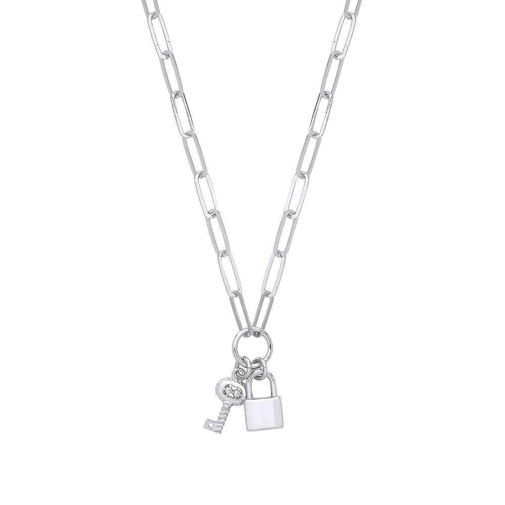 Silver Paper Clip Chain , Padlock & Cubic Zirconia Key Necklace