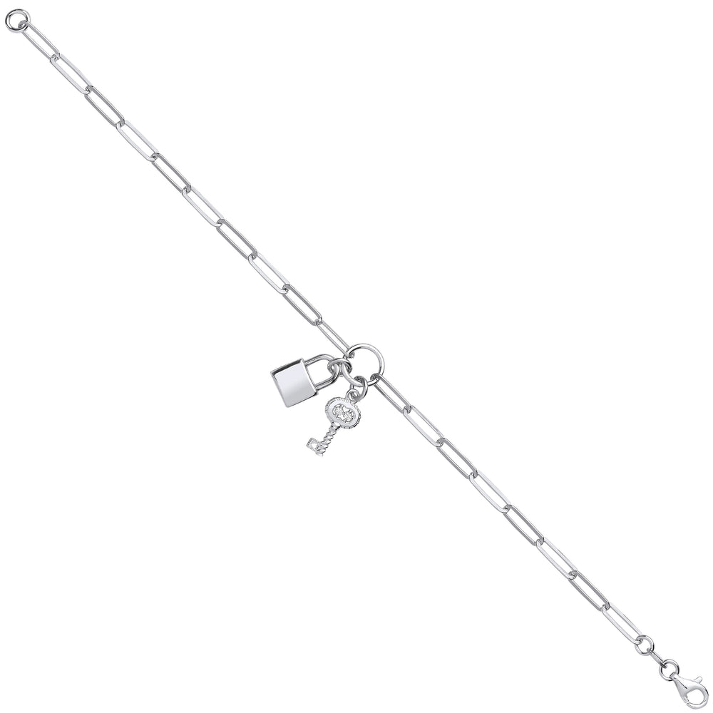 Silver Paper Clip Chain , Padlock & Cubic Zirconia Key Bracelet – product view
