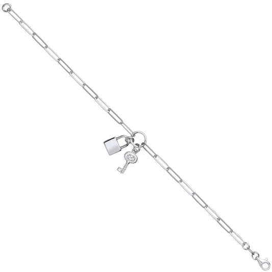 Silver Paper Clip Chain , Padlock & Cubic Zirconia Key Bracelet