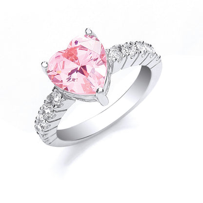 Silver Pink Heart S/S Cubic Zirconia with Cubic Zirconia on Shld Ring